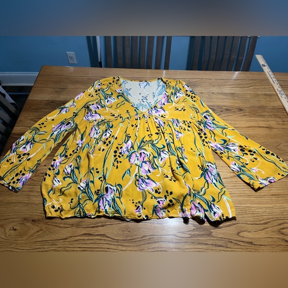 Free People Yellow Floral Flowy Boho Babydoll Tunic Top Size Small